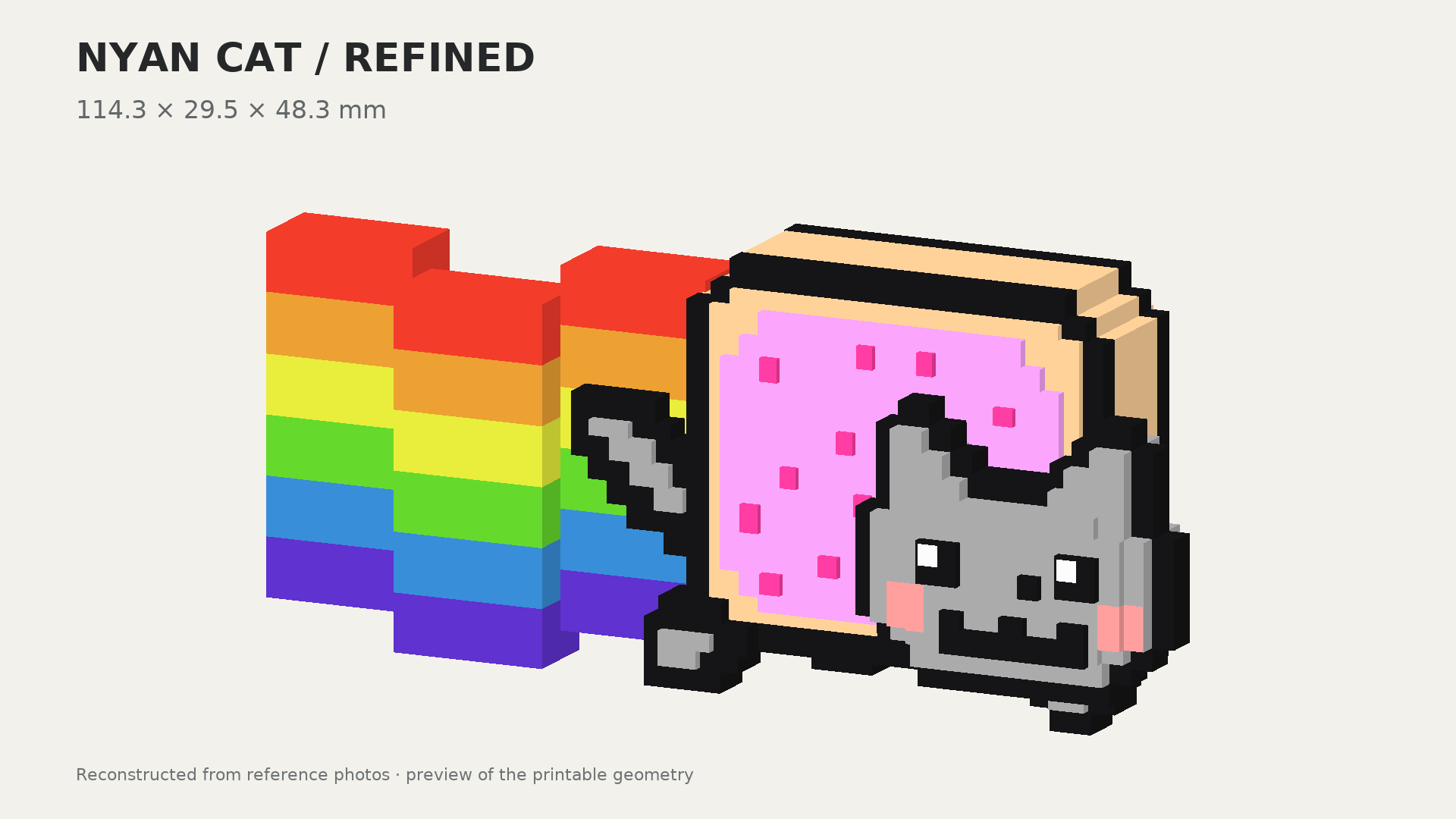 Объёмная модель Nyan Cat: серый пиксельный кот с розовым печеньем вместо тела и радужным шлейфом.